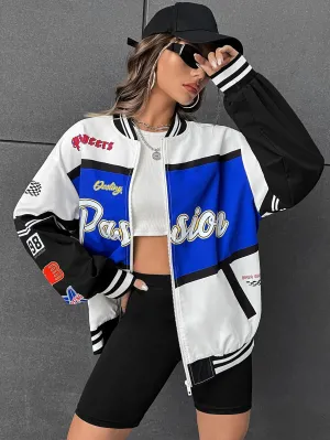 Letter Graphic Colorblock Drop Shoulder Bomber Jacket