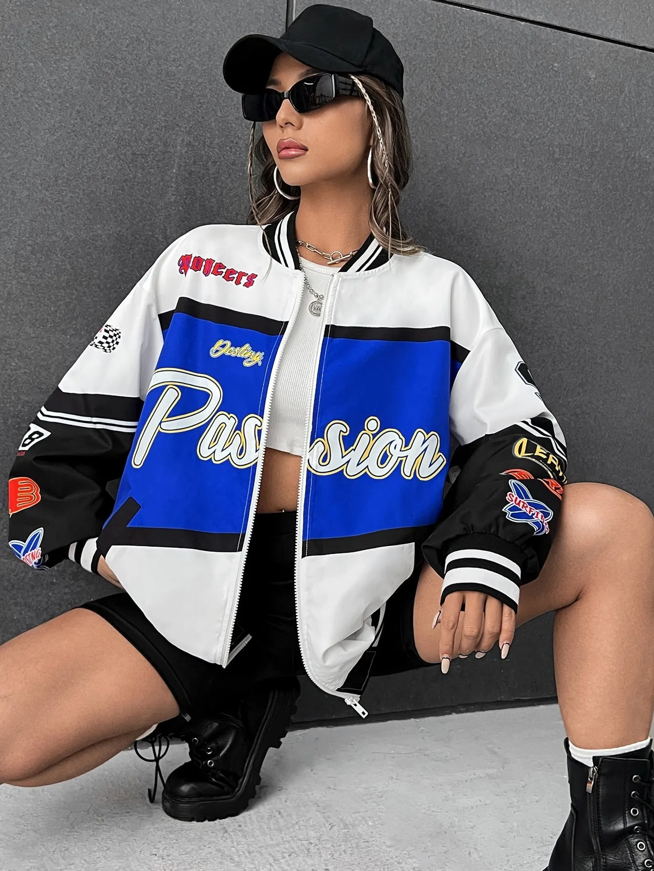 Letter Graphic Colorblock Drop Shoulder Bomber Jacket