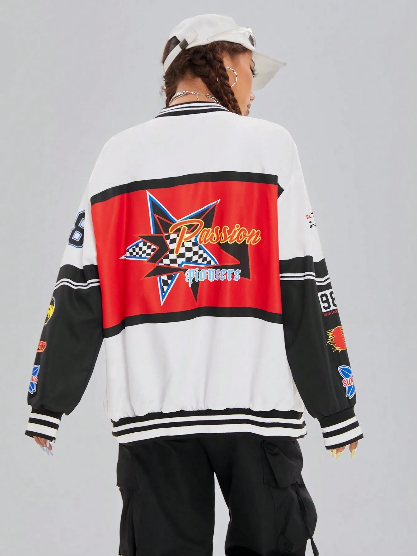 Letter Graphic Colorblock Drop Shoulder Bomber Jacket