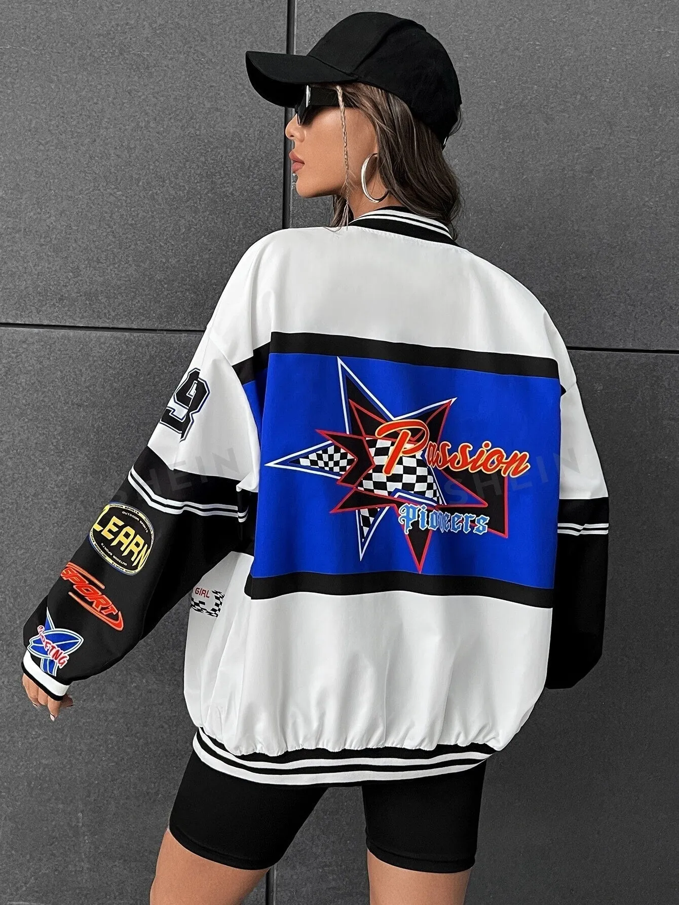 Letter Graphic Colorblock Drop Shoulder Bomber Jacket