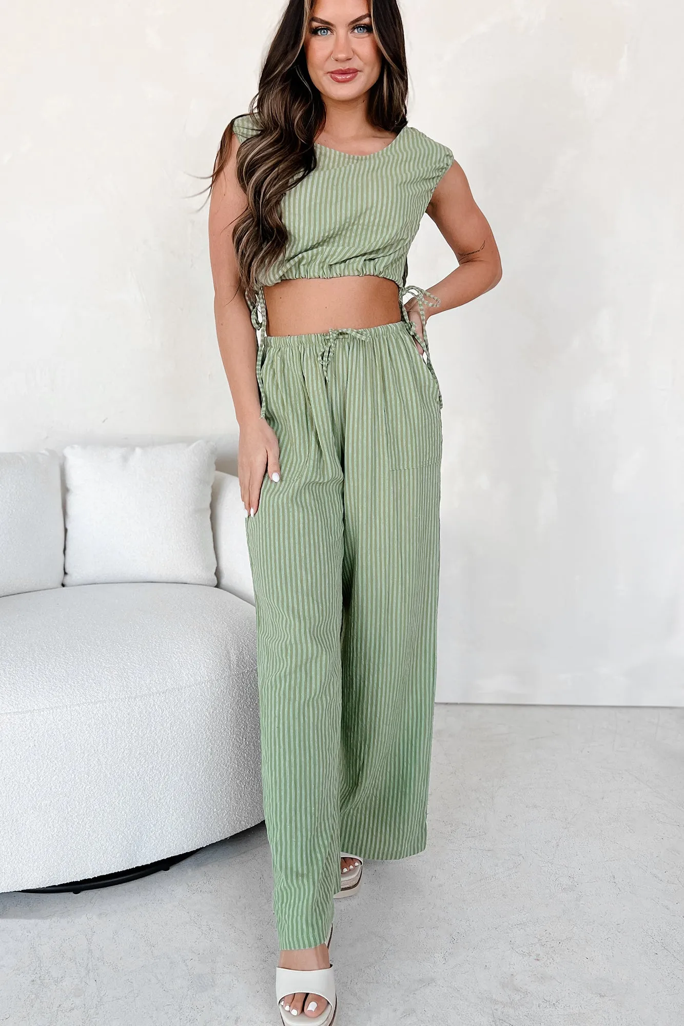 Line Of Succession Striped Top & Pants Two-Piece Set (Matcha)
