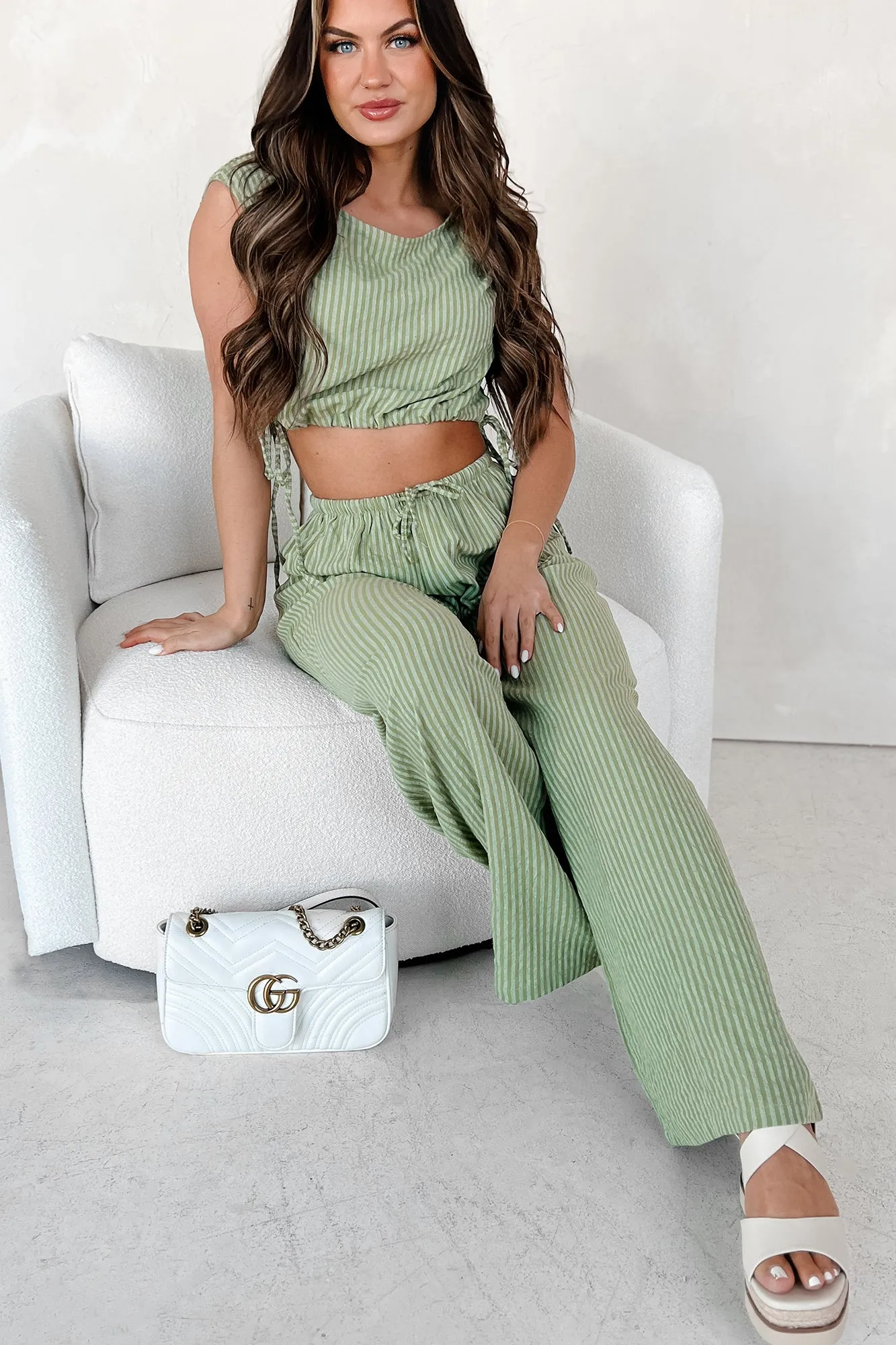 Line Of Succession Striped Top & Pants Two-Piece Set (Matcha)
