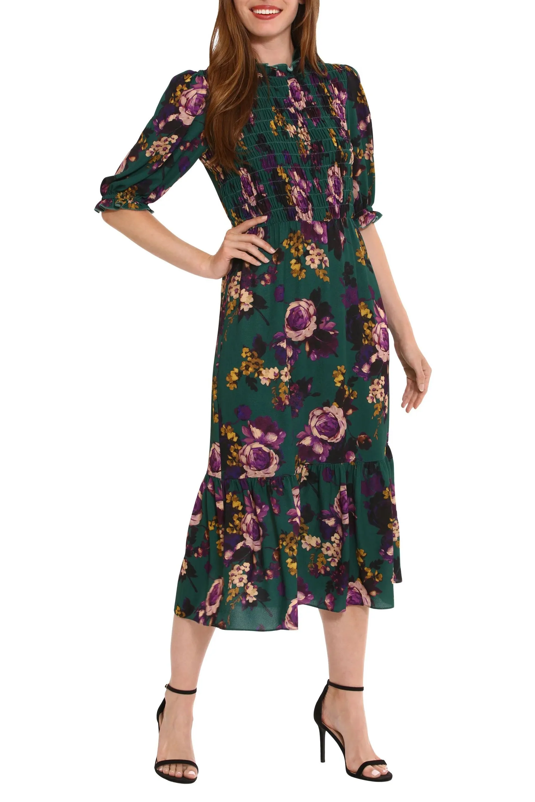 London Times mock neck elbow sleeve smocked bodice zipper closure printed bubble crepe dress