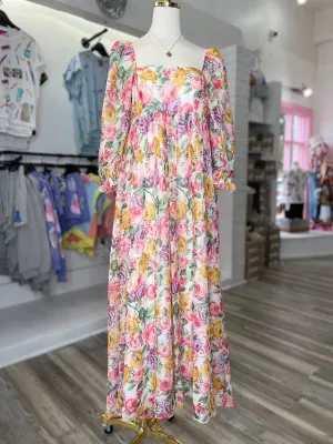 Lorelei Floral Puff Sleeve Baby Doll Midi Dress Pink Multi