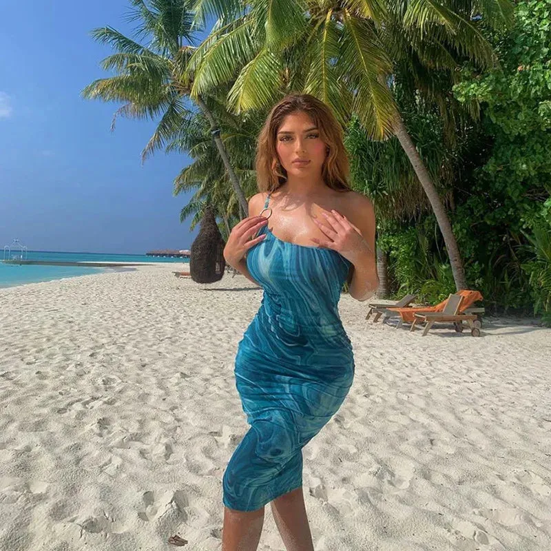LVSANW 034 Blue Sexy Tight Party Sheath Dress Strapless Sleeveless Skinny Long Dress High Streetwear