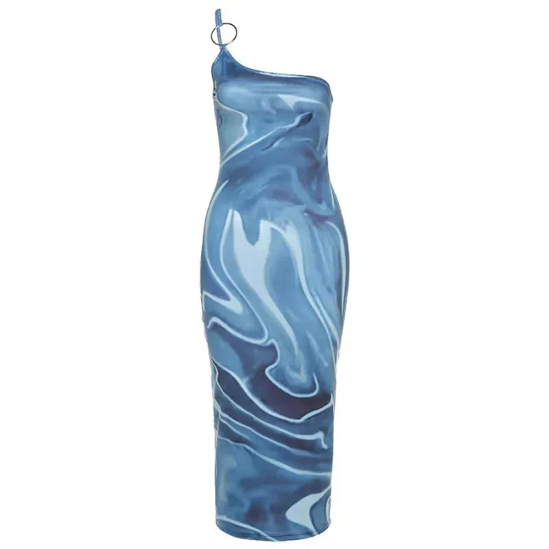 LVSANW 034 Blue Sexy Tight Party Sheath Dress Strapless Sleeveless Skinny Long Dress High Streetwear