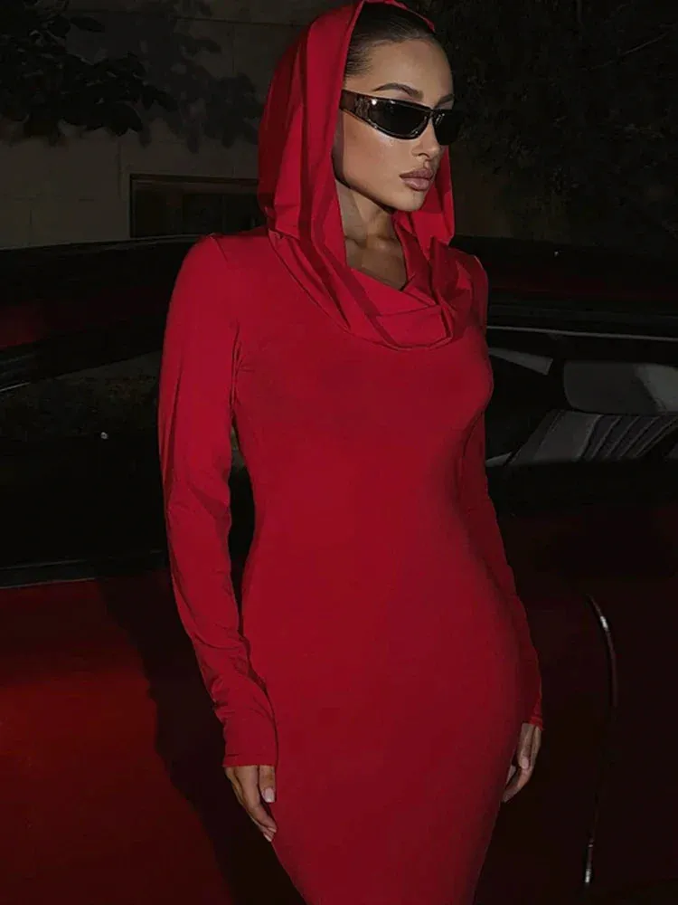 LVSANW Ahagaga Fashion Sexy Solid Hooded Maxi Dresses Women Elegant Casual Long Sleeve Slim Bodycon Party Vestidos Robes Streetwear