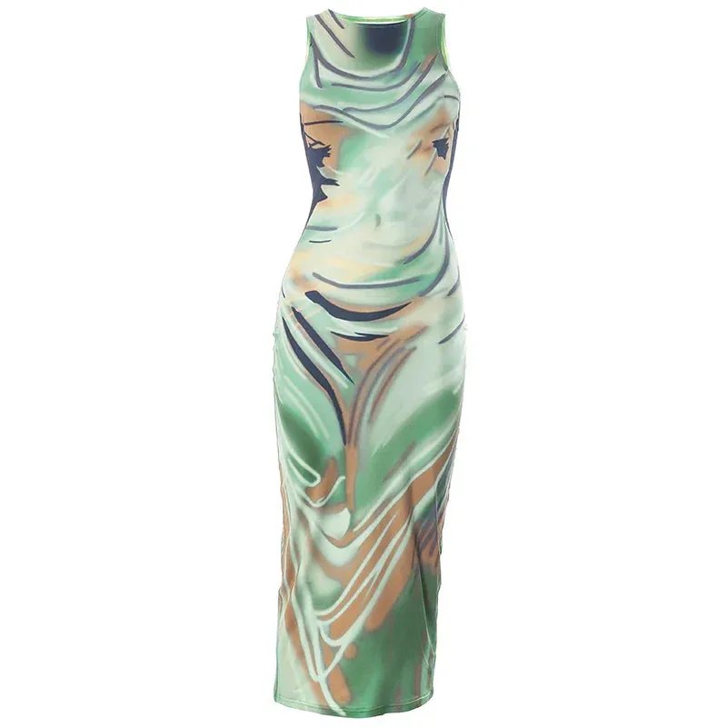 LVSANW BUILDINGB Elegant Stylish Round Collar Sleeveless Green Rendering Paint Printed Skinny Tank Dresses Women Casual Daily Slimfit