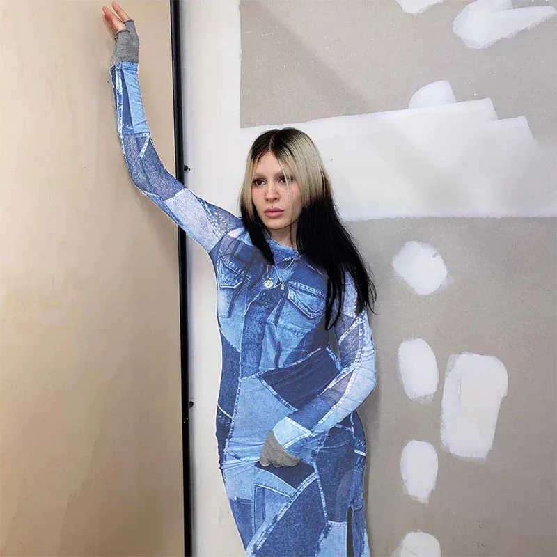 LVSANW CUTENOVA Autumn Blue Irregular Denim Patchwork Round Collar Full Sleeves Skinny Split Dresses Casual Stylish Slim Fit Streetwear