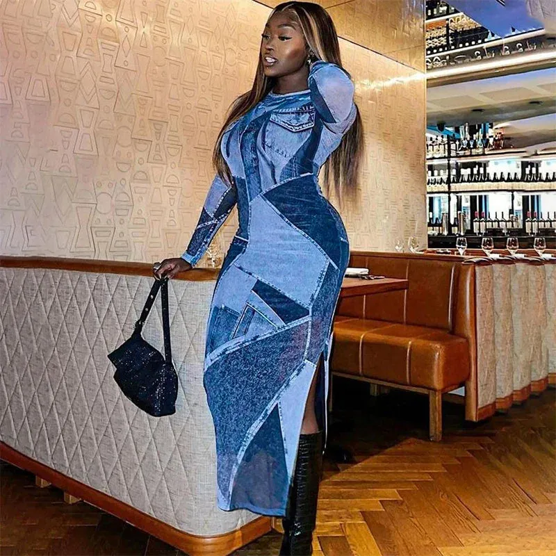 LVSANW CUTENOVA Autumn Blue Irregular Denim Patchwork Round Collar Full Sleeves Skinny Split Dresses Casual Stylish Slim Fit Streetwear