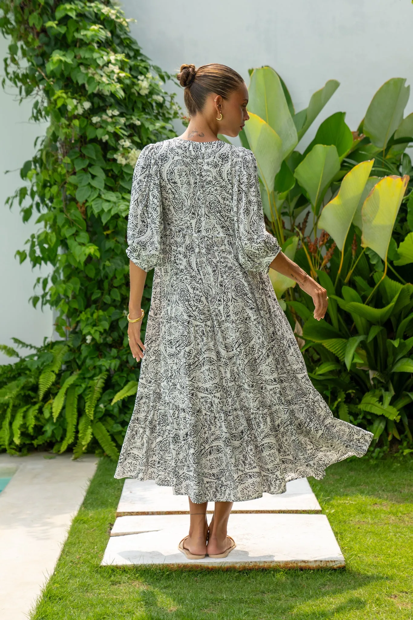 Lyra Black and White Boho Midi Dress