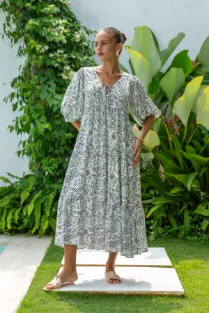 Lyra Black and White Boho Midi Dress