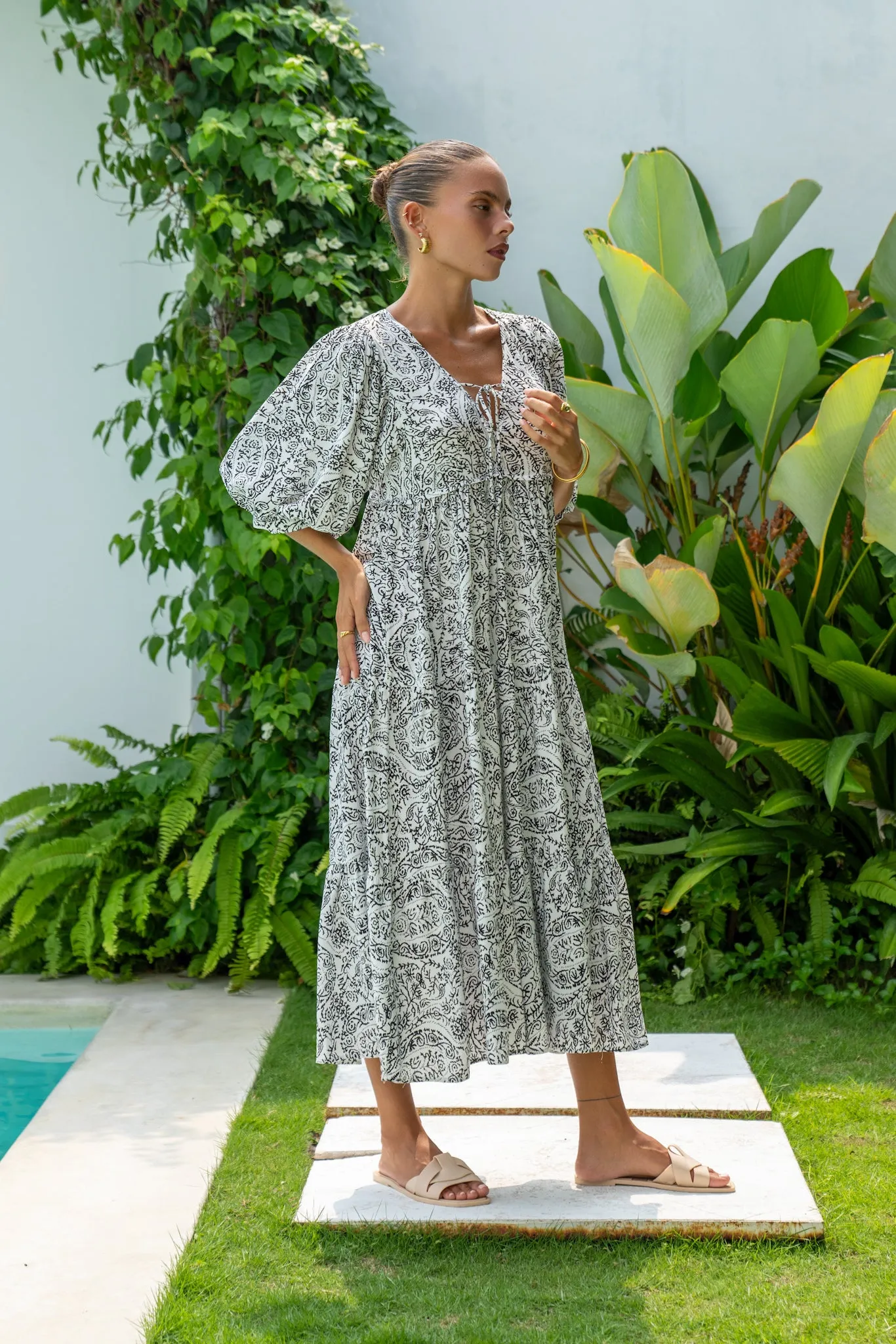 Lyra Black and White Boho Midi Dress
