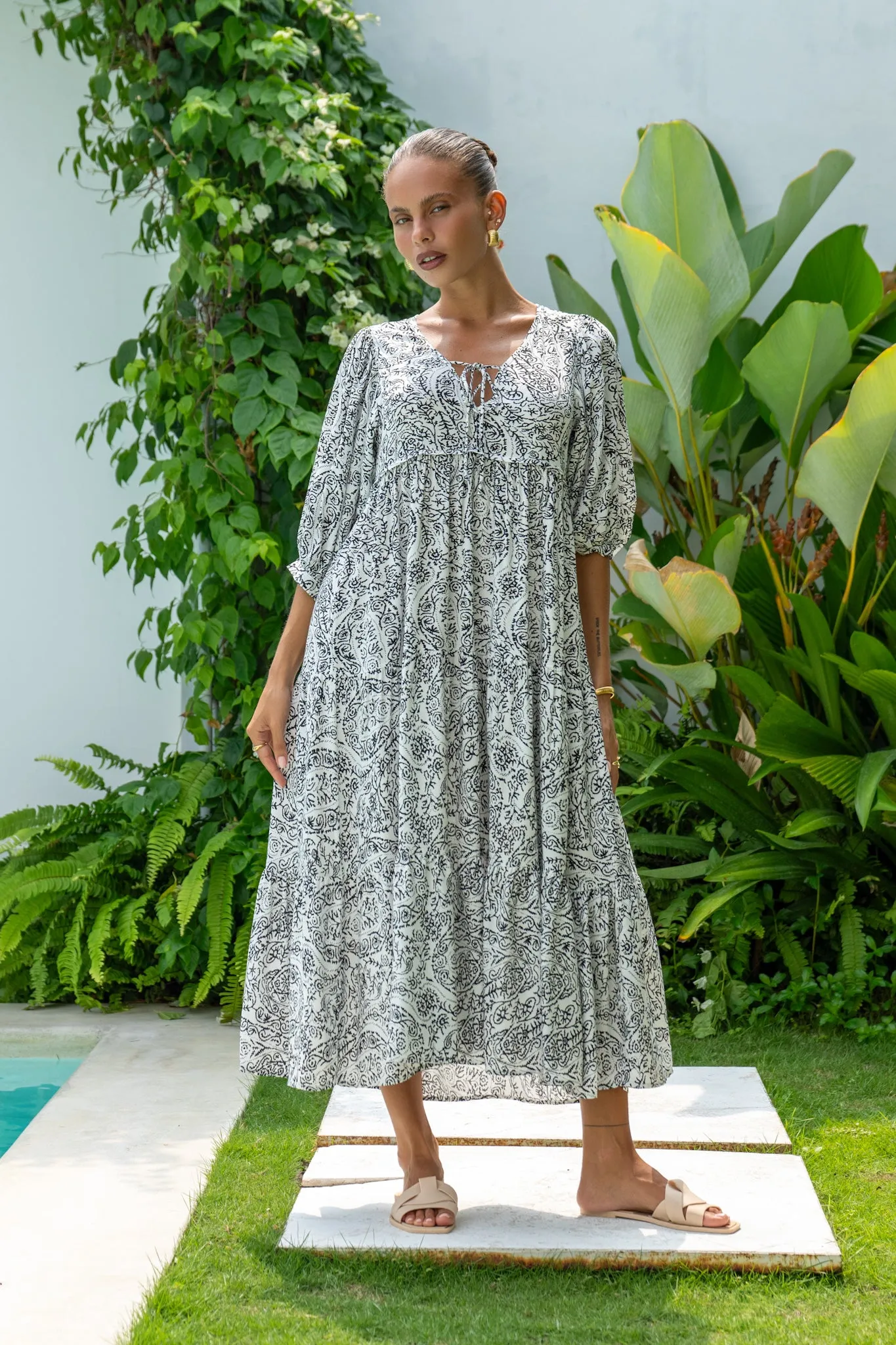 Lyra Black and White Boho Midi Dress