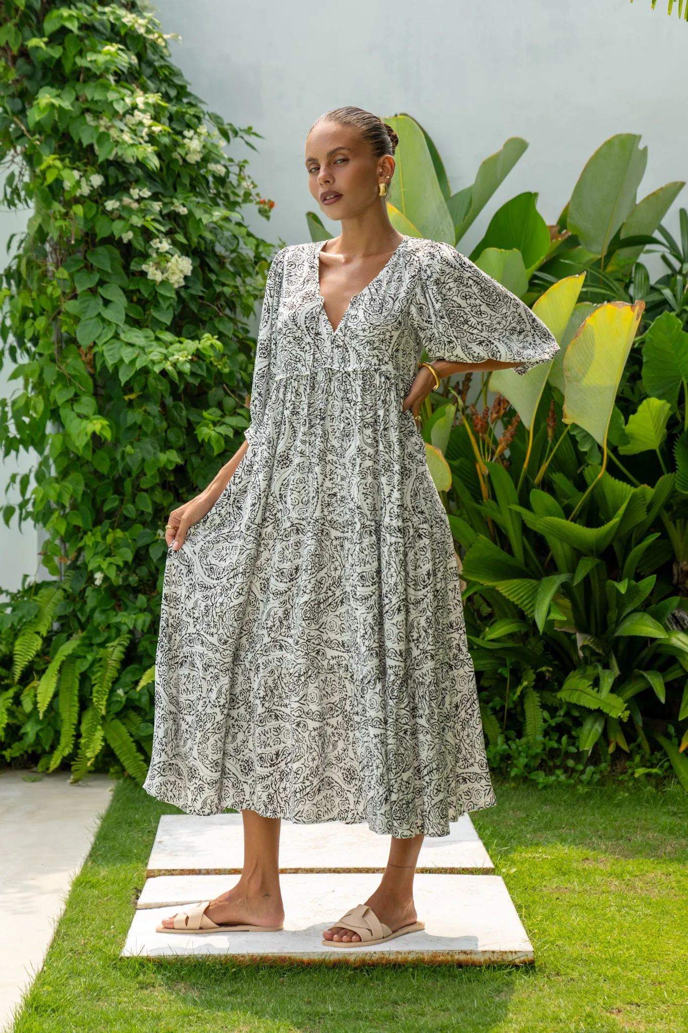 Lyra Black and White Boho Midi Dress