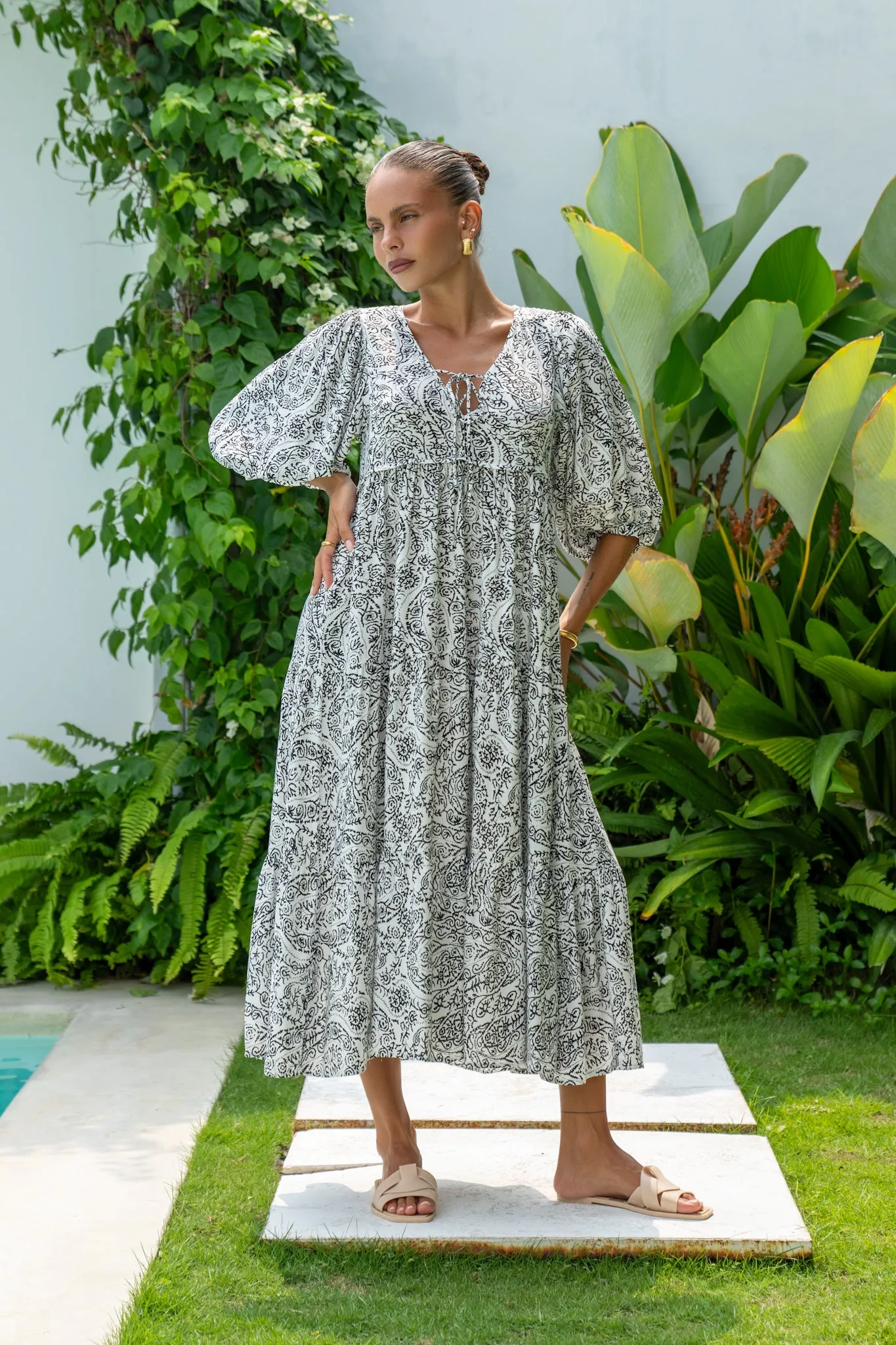 Lyra Black and White Boho Midi Dress