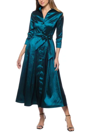 Marina 3/4 Sleeve Point Collar Neck Tie Waist Taffeta Midi A-LIne Dress