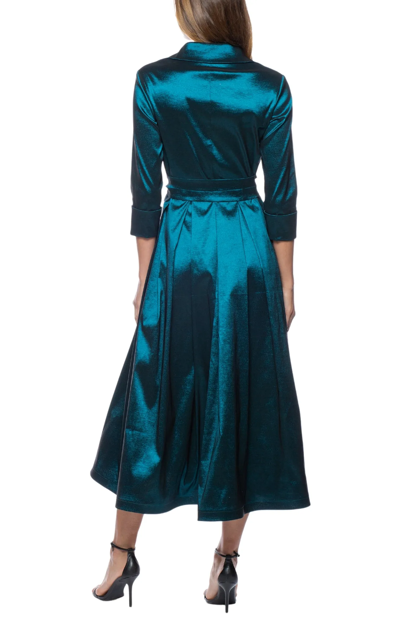 Marina 3/4 Sleeve Point Collar Neck Tie Waist Taffeta Midi A-LIne Dress