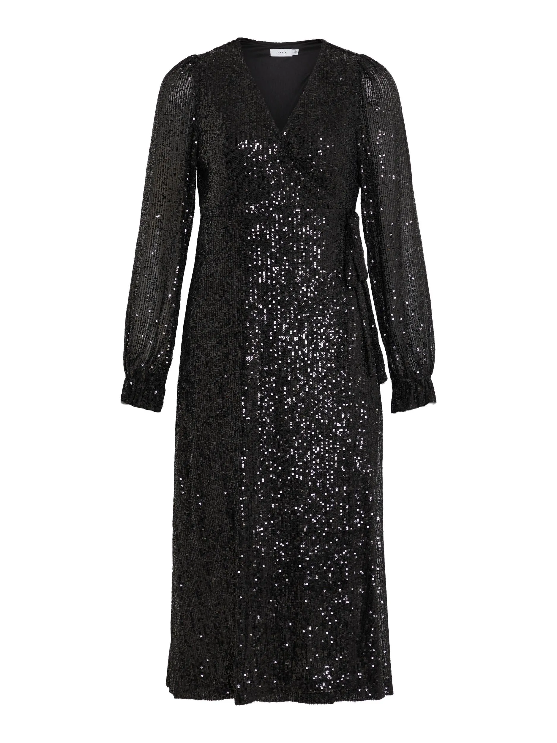 MIRA SEQUIN MIDI WRAP DRESS (BLACK)