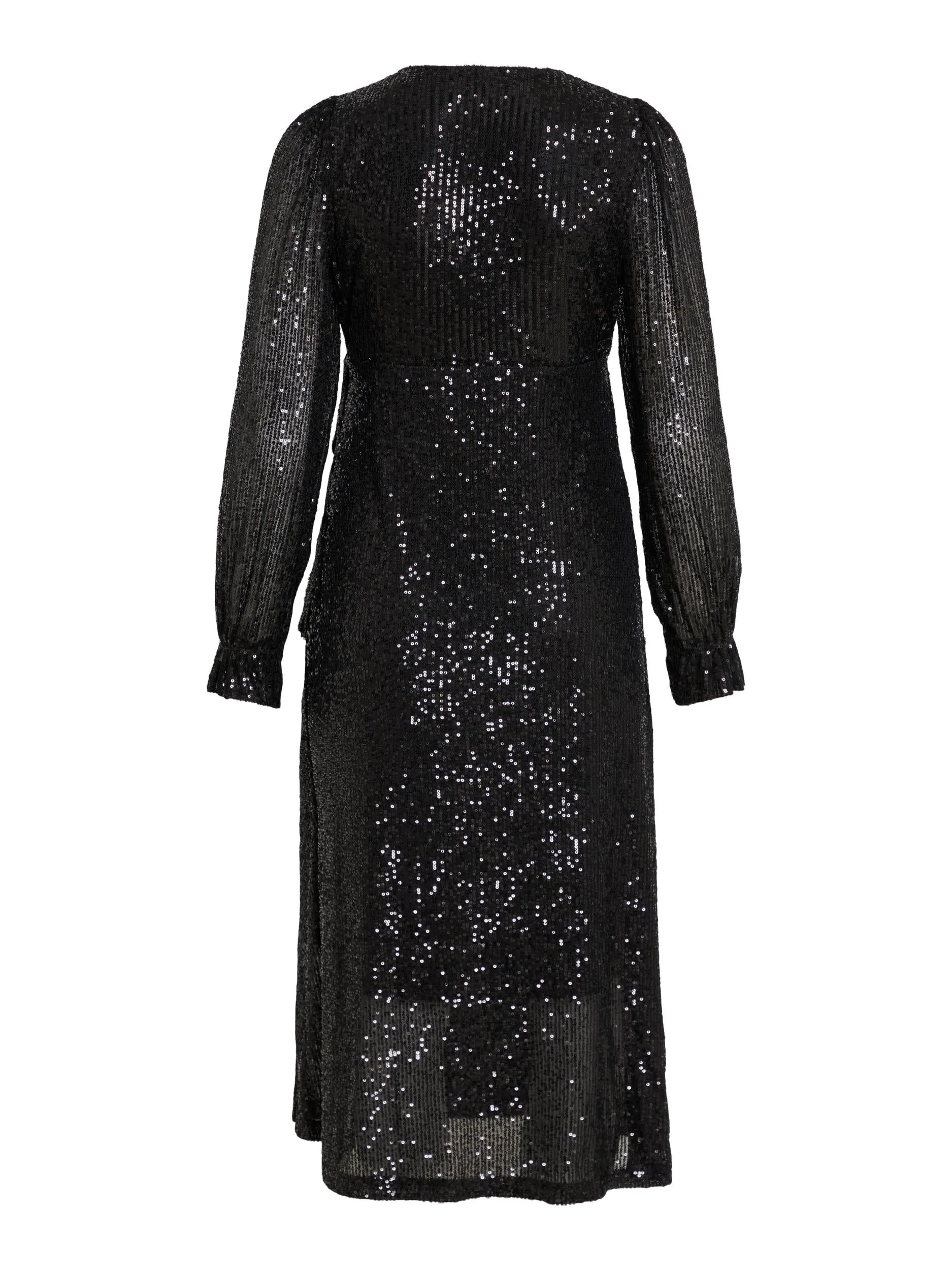 MIRA SEQUIN MIDI WRAP DRESS (BLACK)