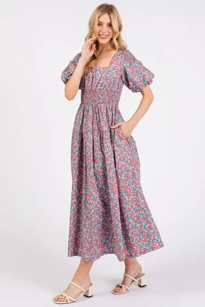 Mittoshop Smocked Floral Square Neck Puff Sleeve Midi Dress