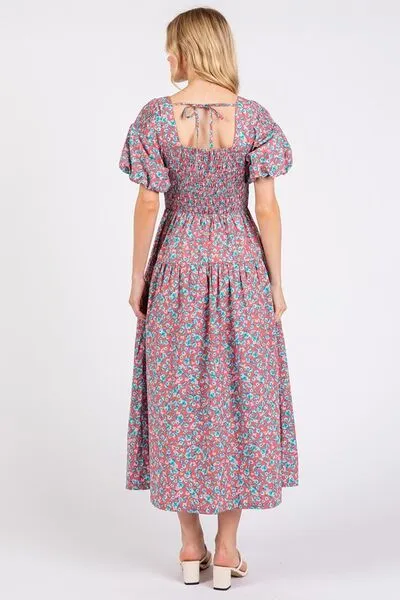 Mittoshop Smocked Floral Square Neck Puff Sleeve Midi Dress