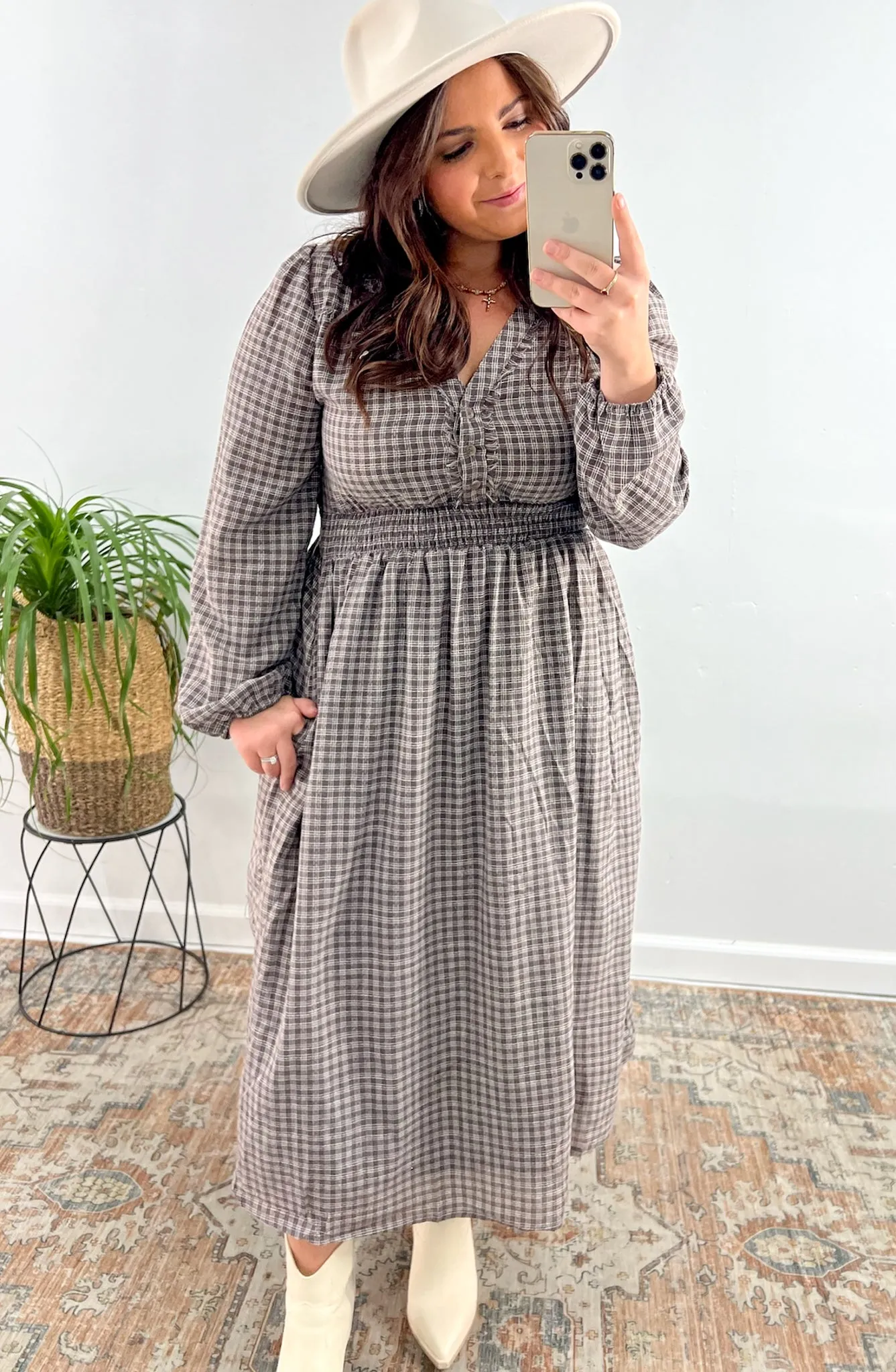 My Fair Lady Long Sleeve Plaid Midi Dress