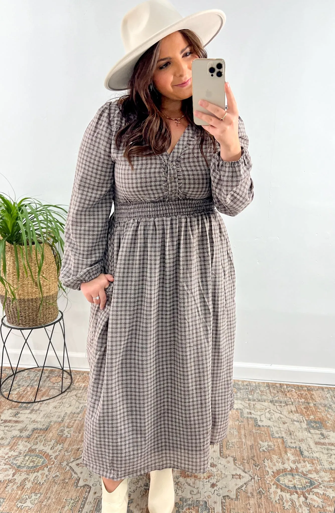 My Fair Lady Long Sleeve Plaid Midi Dress