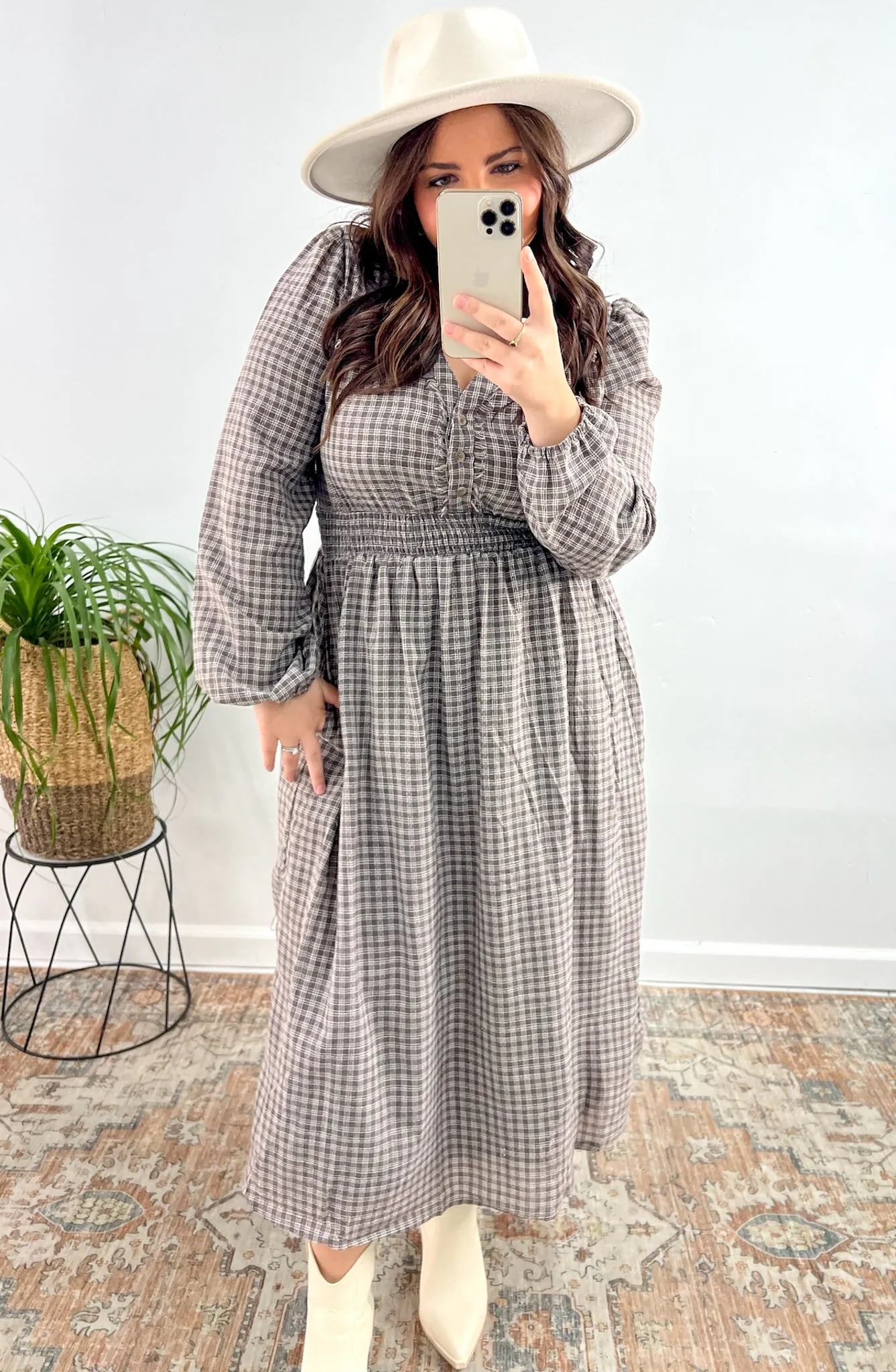 My Fair Lady Long Sleeve Plaid Midi Dress