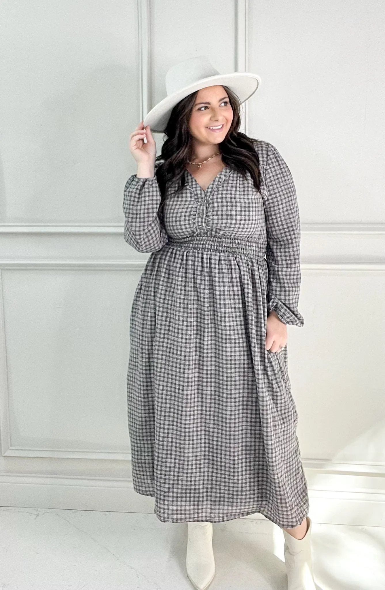 My Fair Lady Long Sleeve Plaid Midi Dress