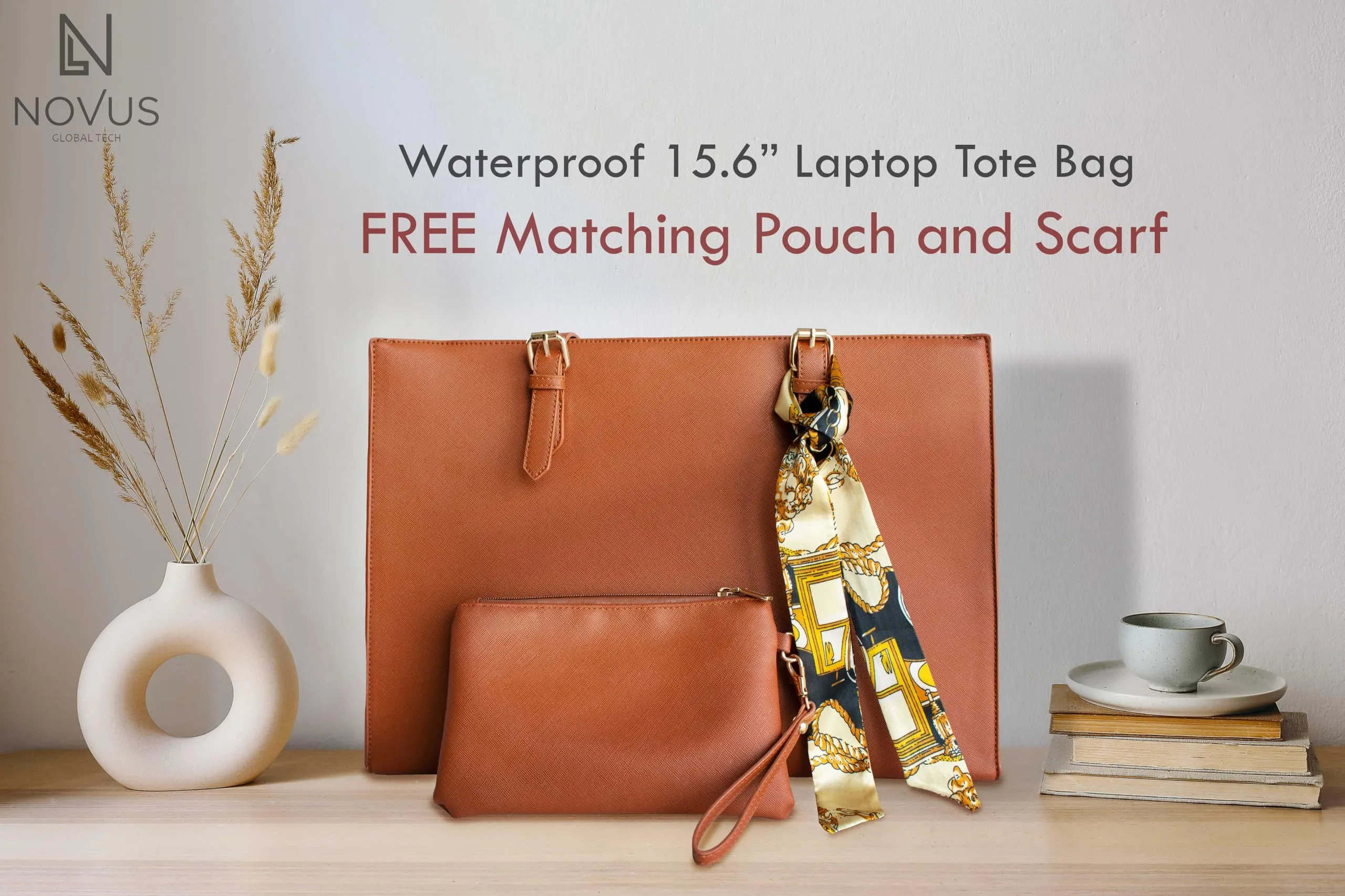 Novus Laptop Bag for Women Tote 15.6 Inch Waterproof PU Leather Work Bag Large Capacity | Laptop Bag Office Business Briefcase Lightweight Travel Handbag Shoulder Bag 2 PCS Set