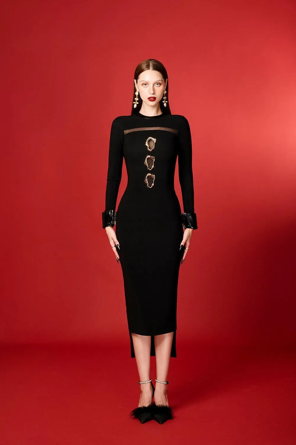 Nyxa Bodycon Long Sleeved Cotton Blend Midi Dress