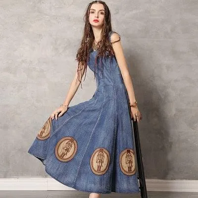 O-Neck Sleeveless Swing Hem Layered Denim Dress