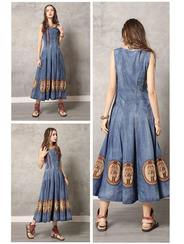 O-Neck Sleeveless Swing Hem Layered Denim Dress
