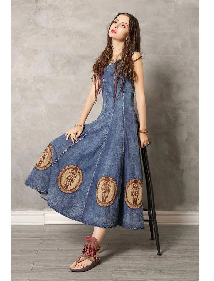 O-Neck Sleeveless Swing Hem Layered Denim Dress
