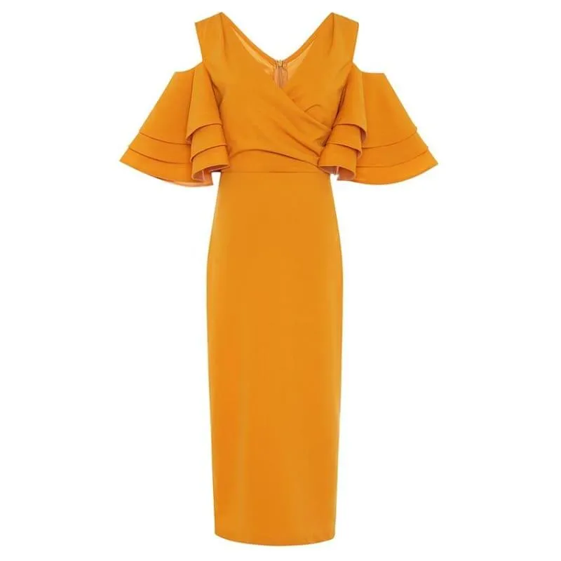Off Shoulder Flare Sleeve V-neck Midi Dress