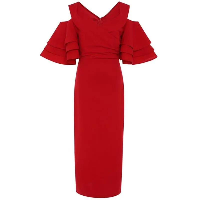 Off Shoulder Flare Sleeve V-neck Midi Dress