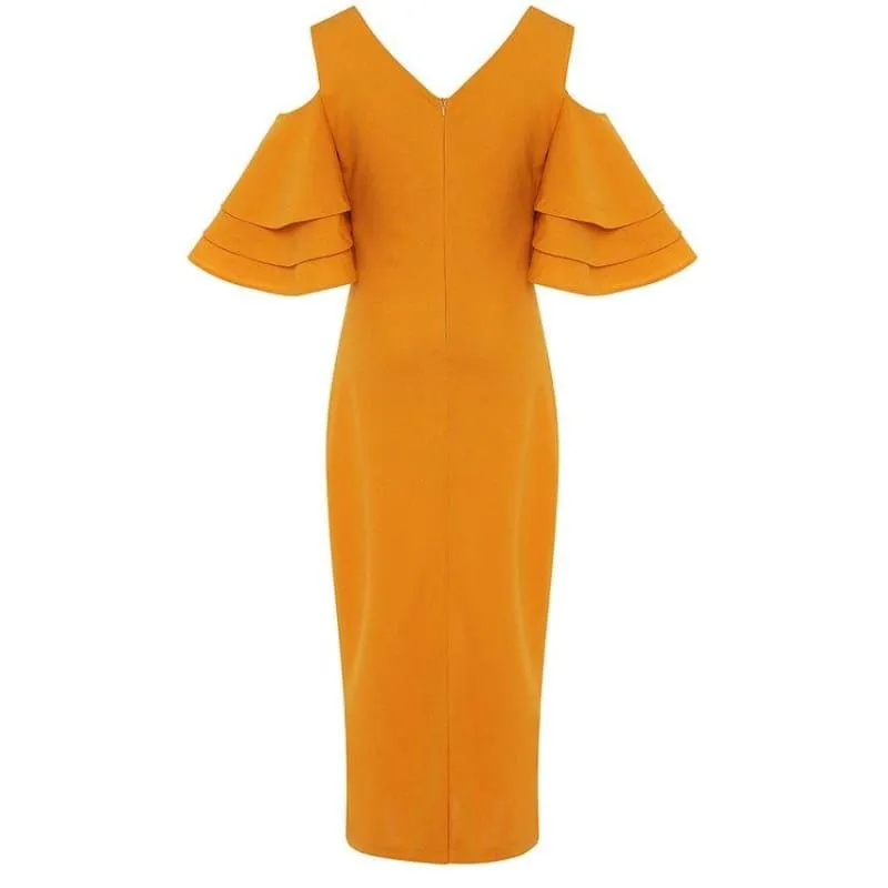 Off Shoulder Flare Sleeve V-neck Midi Dress