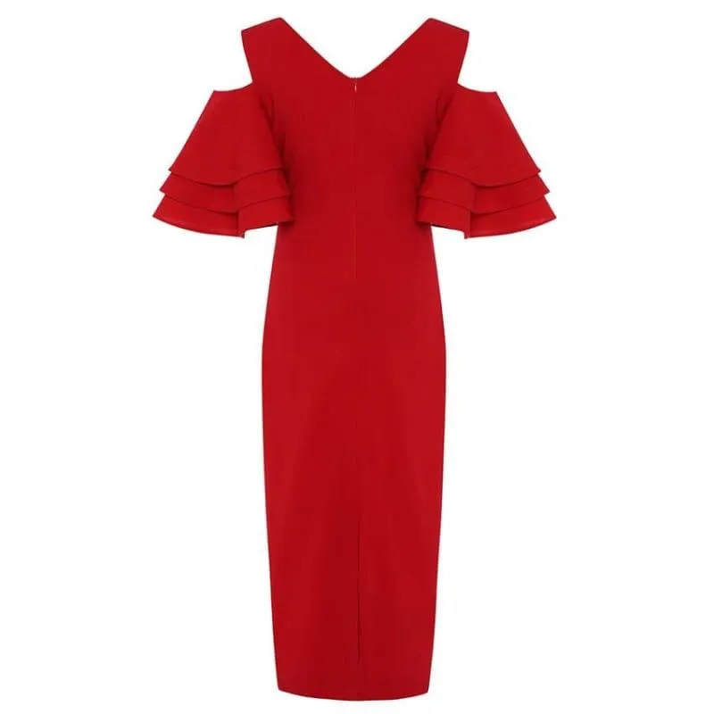 Off Shoulder Flare Sleeve V-neck Midi Dress