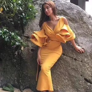 Off Shoulder Flare Sleeve V-neck Midi Dress
