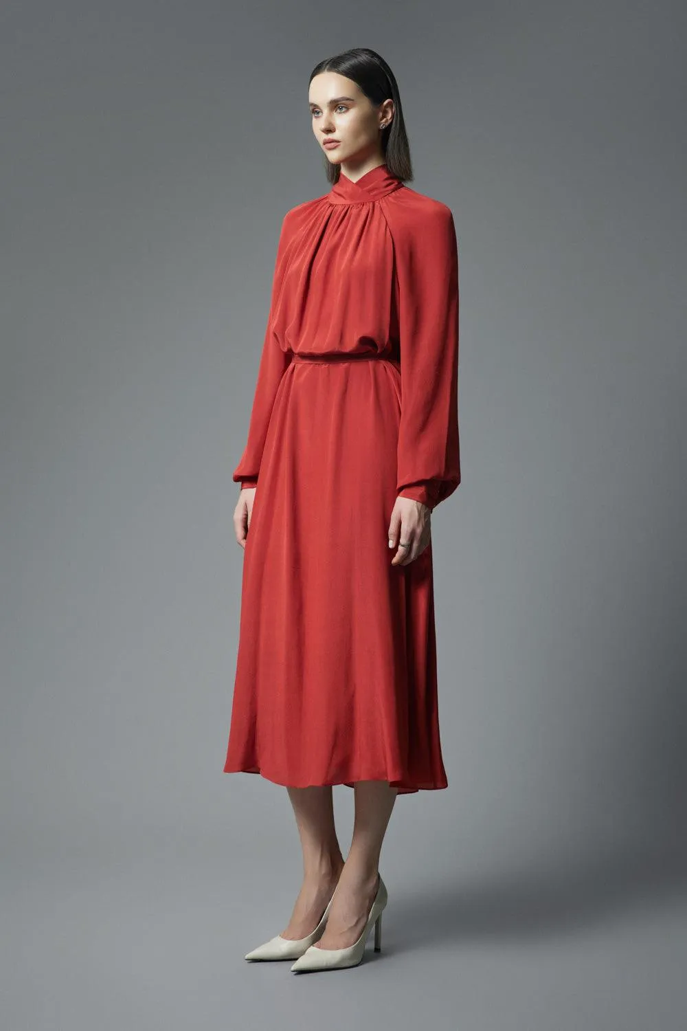 Palma Blouson Cuff Sleeved Crepe De Chine Midi Dress