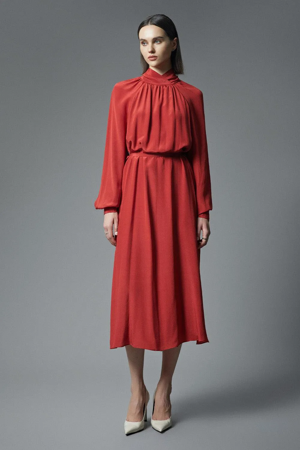 Palma Blouson Cuff Sleeved Crepe De Chine Midi Dress
