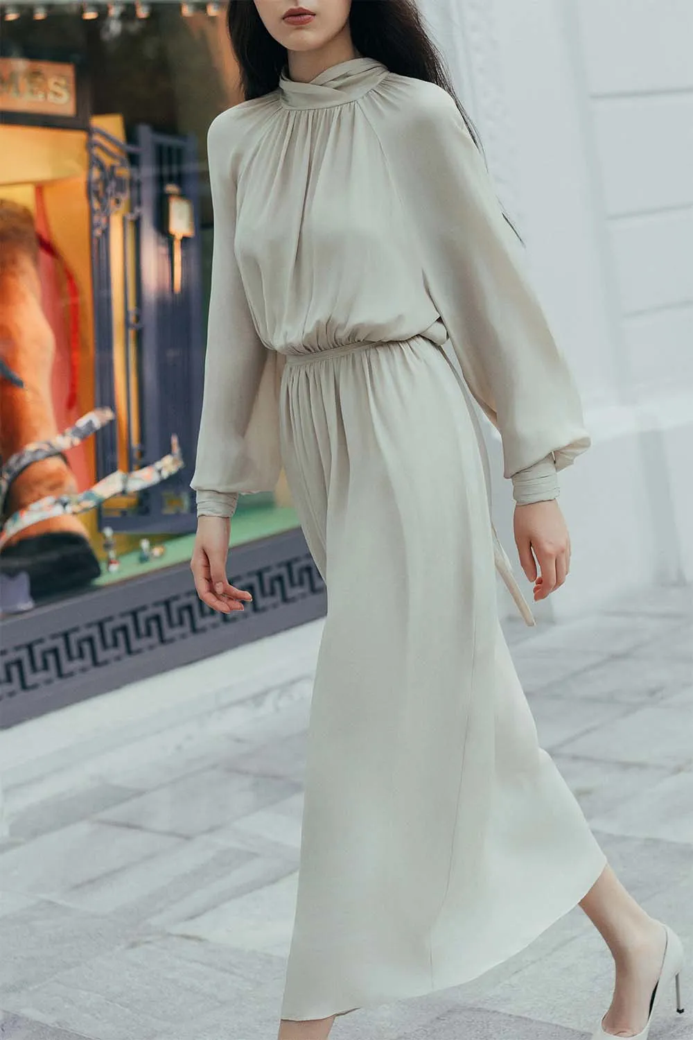 Palma Blouson Cuff Sleeved Crepe De Chine Midi Dress