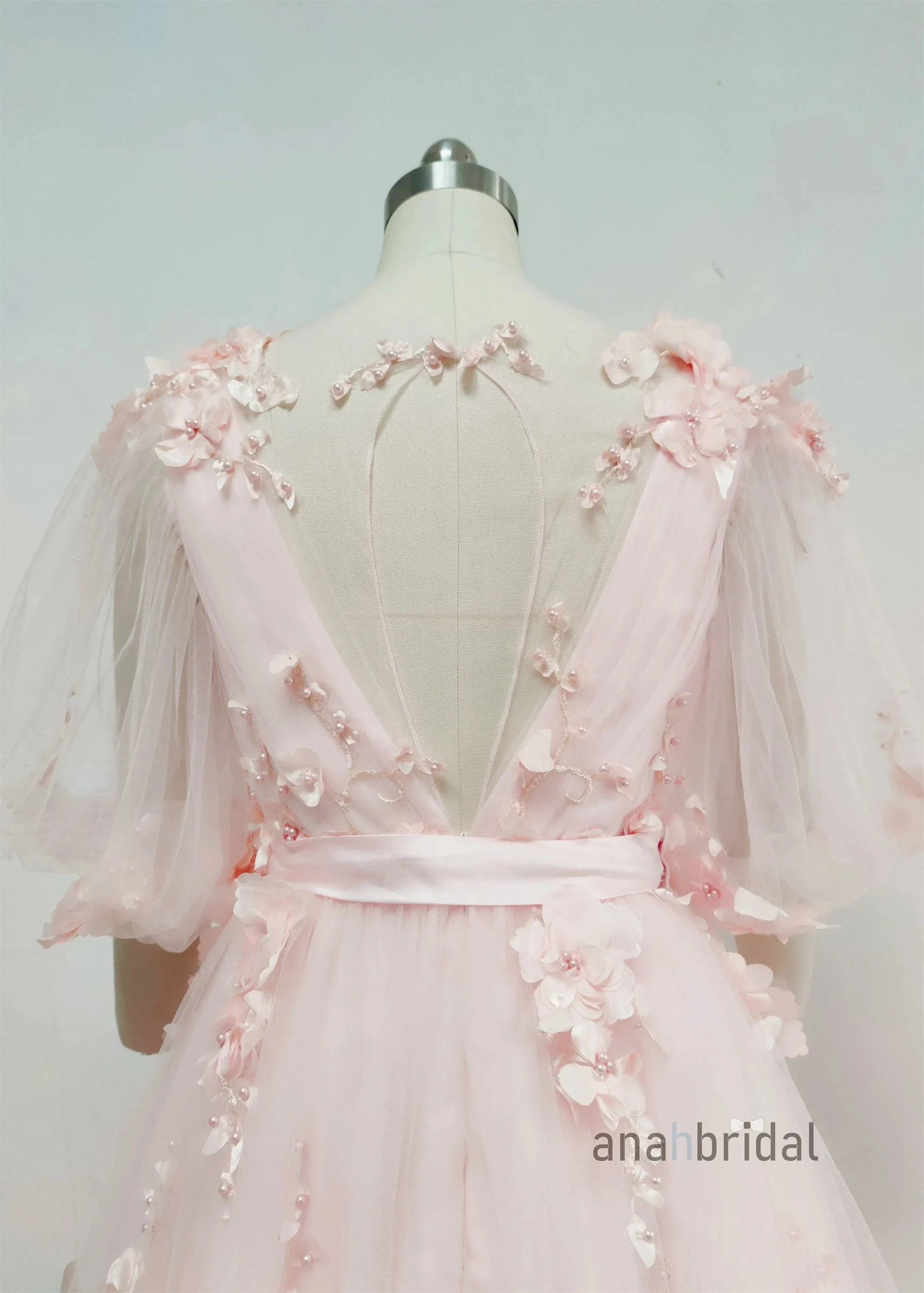Pink Floral Lace Tulle Romantic Wedding Dress