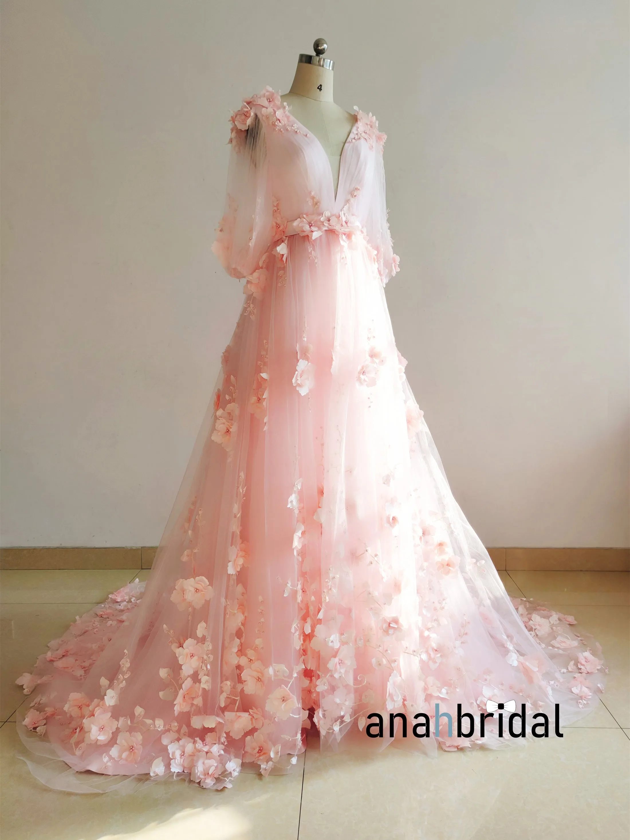 Pink Floral Lace Tulle Romantic Wedding Dress
