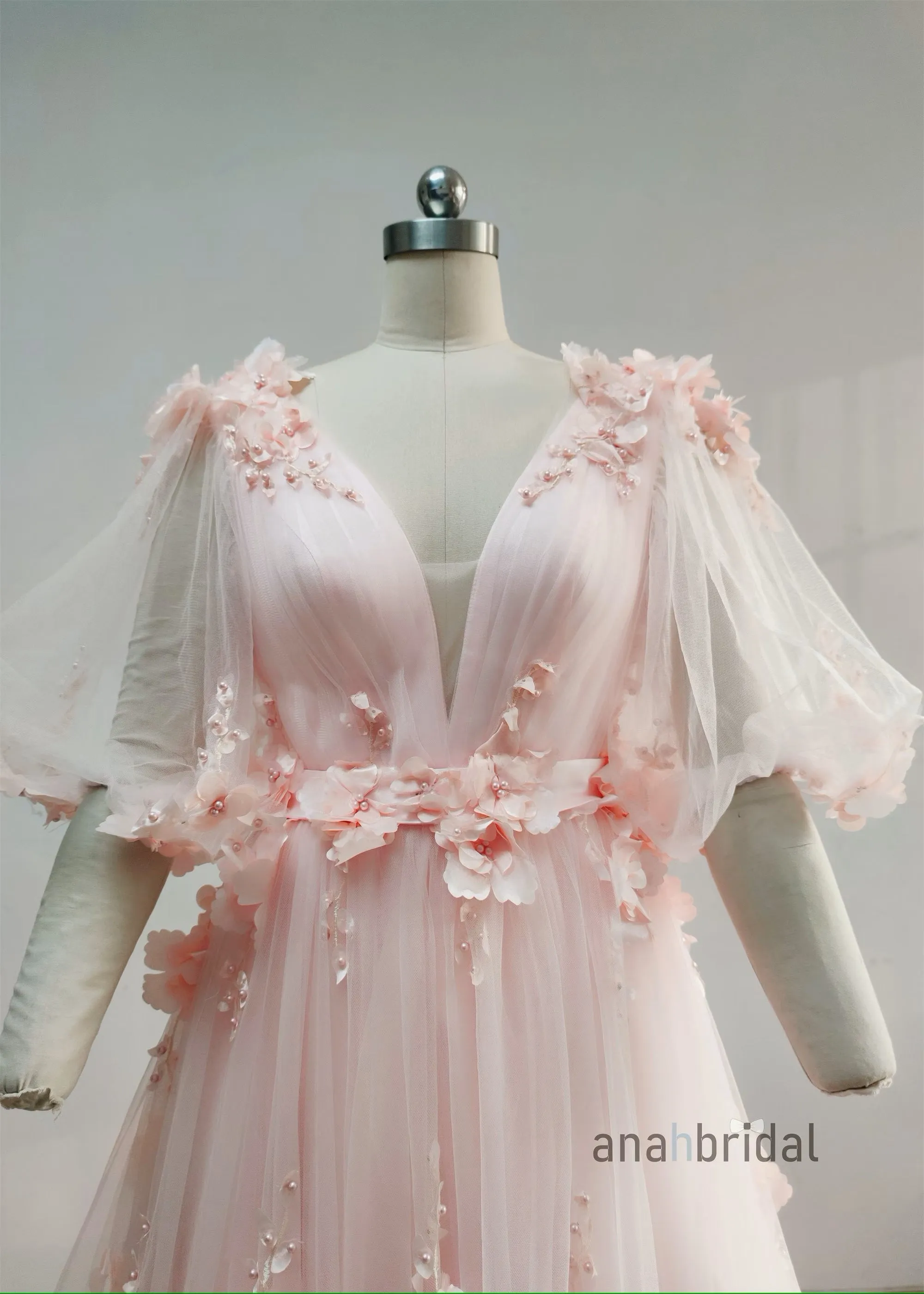 Pink Floral Lace Tulle Romantic Wedding Dress