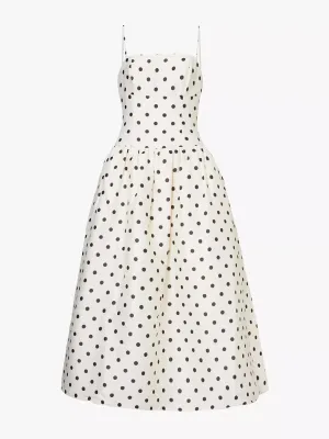 Polka-dot-print two-slip-pockets woven midi dress