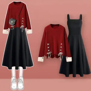 Preppy Round Collar Knit Sweater Slip Dress Two Piece Set Color