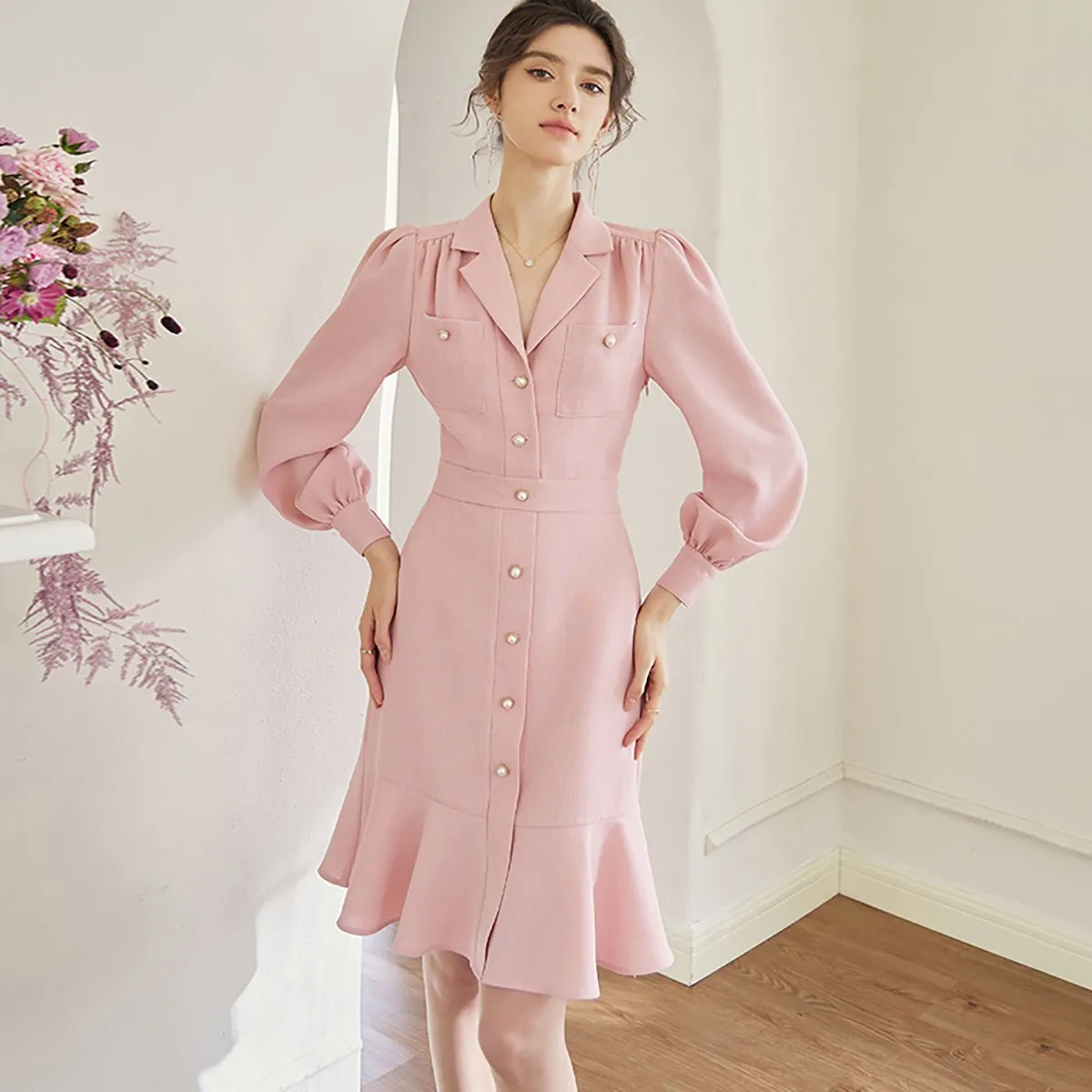 Pretty Pink Lapel Midi Dress