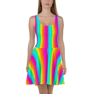 Rainbow Stripe Skater Dress Women, Fit and Flare Colorful Pride Festival Party Fun Mini Sleeveless Vertical Striped Circle
